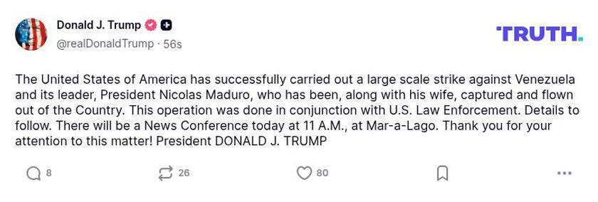 فوری/ ترامپ: رئیس جمهور ونزوئلا و همسرش را دستگیر کردیم