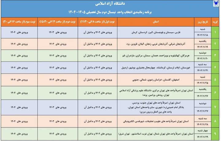 برنامه زمان بندی انتخاب واحد دانشگاه آزاد اعلام شد