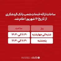 ساعات ارائه خدمات شعب بانک گردشگری از تاریخ ۱۶ شهریور ۱۴۰۵ اعلام شد.
